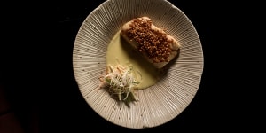 Sea perch with iri mai crust and katsuo bushi beurre blanc.