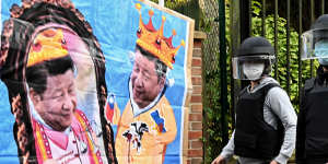The image of China’s President Xi Jinping that demonstrators displayed at a protest outside the Chinese consulate in Manchester,England on Sunday,16 October,2022.