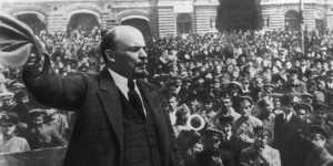 Vladimir Lenin addressing a crowd in Red Square,Moscow in 1917. 