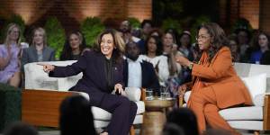 Democratic presidential nominee Vice President Kamala Harris speaks with Oprah Winfrey at Oprah’s Unite for America Live Streaming event.