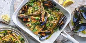 Snapper and mussels with herb butter.