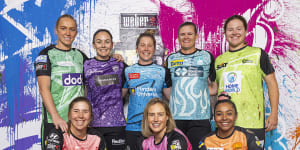 Kim Garth of the Melbourne Stars,Heather Graham of the Hobart Hurricanes,Jemma Barsby of the Adelaide Strikers,Jess Jonassen of the Brisbane Heat,Hannah Darlington of the Sydney Thunder (L-R) Georgia Wareham of the Melbourne Renegades,Ellyse Perry of the Sydney Sixers,and Alana King of the Perth Scorchers.