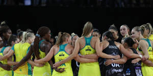 AUCKLAND,NEW ZEALAND - OCTOBER 12:The Australian Diamonds and Silver Ferns come togeather following the Constellation Cup netball match between New Zealand and Australia at Spark Arena on October 12,2022 in Auckland,New Zealand. (Photo by Phil Walter/Getty Images)