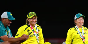 Matthew Mott,Meg Lanning and Rachael Haynes after their World Cup victory. Mott has moved to England,Haynes retired and Lanning took a long break from the game.
