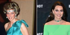 One choker,two ways. Princess Diana (left,in Melbourne in 1985) and Catherine in Boston last week.