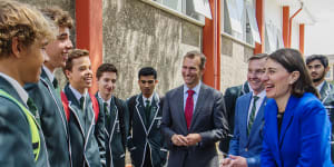 Premier Gladys Berejiklian and then education minister Rob Stokes at Randwick Boys'High last year.