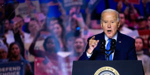 US President Joe Biden at a reproductive freedom campaign rally at George Mason University in Manassas,Virginia during the New Hampshire primary.