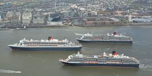 The three Cunard Queens,Queen Mary 2,Queen Victoria and Queen Elizabeth meet on the River Mersey for the first time in Liverpool,England. The three famous ocean liners are meeting today in Liverpool to mark shipping line Cunard's 175th anniversary,which revolutionised transatlantic travel in the 19th Century. 