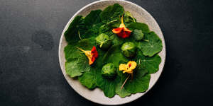 Nasturtium dumplings feature the leaves wrapped around a filling of Tasmanian tofu and kimchi.
