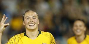 Good publicity:Caitlin Foord scored three for the Matildas in a brilliant performance against Chile in the Seven Consulting series.