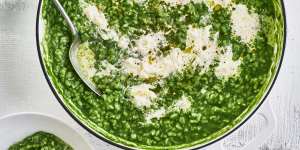 Risotto swirled with spinach puree and topped with creamy stracciatella.