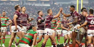 The Sea Eagles celebrate during their win over South Sydney in Las Vegas.