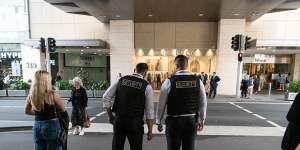 Security guards at Westfield Bondi Junction wore protective vests in a new security initiative after Saturday’s attack.