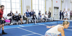 Players from Major League Pickleball demonstrate the game in the New York Stock Exchange boardroom to promote the start of last season.