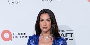 Dua Lipa in Gucci at the Elton John AIDS Foundation Academy Awards viewing party.