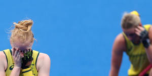 Amy Rose Lawton of the Hockeyroos in tears at the end of the match.