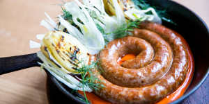 Merguez sausage with roasted fennel and harissa. 