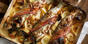Cider-roasted rainbow trout with kaiserfleisch,lemon and fennel.