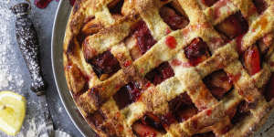 Apple and rhubarb lattice-topped pie.