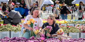 Friends Sarah Martinuz and Brianna Beckett select flowers at the Flower market by artist CJ Hendry at the Domain on Friday. The Flower Market is an immersive art installation featuring 100,000 hand-crafted plush flowers.