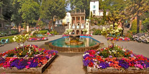 The centre of Portmeirion village has an attractive square with colourful flower beds.