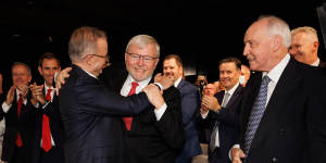 Labor leader Anthony Albanese with former prime ministers Kevin Rudd and Paul Keating at the party’s campaign launch in Perth on Sunday.