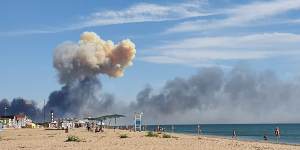 As the war in Ukraine expands,it expands deeper into social media:Rising smoke seen from the beach at Saky after explosions at a Russian military airbase near Novofedorivka,Crimea this month.
