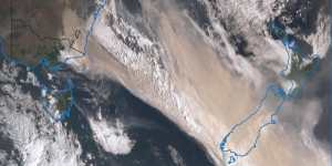 An example of satellite imagery (here showing smoke from Black Summer fires obscuring New Zealand) Australia sources from foreign-owned satellites,in this case Japan’s Himawari-8.