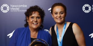 Ash Barty with her hero Evonne Goolagong Cawley at the Newcomb Medal dinner.