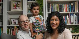Greens leader Samantha Ratnam at home in East Brunswick with her husband Colin Jacobs and daughter Malala.