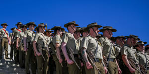 Soldiers from the Australian Army 4th Brigade 2nd Division attend Anzac Day at the Shrine of Remembrance in Melbourne.
