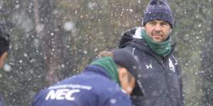 Michael Cheika coaching the Green Rockets in snowy Chiba in March.