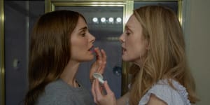 Natalie Portman,left,and Julianne Moore in a pivotal scene from May December.
