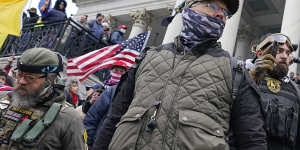 Members of the Oath Keepers on the East Front of the US Capitol on January 6,2021,in Washington. 