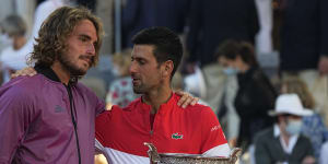 Novak Djokovic,right,and Stefanos Tsitsipas after the 2021 French Open final.