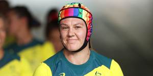 Sharni Williams at the Tokyo Olympics wearing her rainbow headgear.