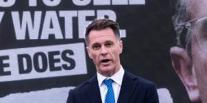 NSW Labor leader Chris Minns in front of Labor’s billboard truck on Monday.