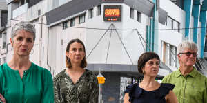 Randwick Greens councillors Philipa Veitch,Kym Chapple,Rafaela Pandolfini and Michael Olive outside The Juniors Kingford,which is seeking to almost double the maximum building height for the site. 