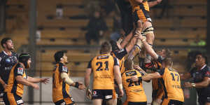 Ben Hyne of the Brumbies competes in a lineout during the round 6 Super Rugby AU match between the Rebels and Brumbies at Leichhardt Oval on August 07,2020 in Sydney,Australia. 