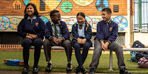 Year 6 pupils Leyana Thapa,Patrick Kpaka,Brianna Vu and Jonah Katrib at Holy Family Primary School in Granville.