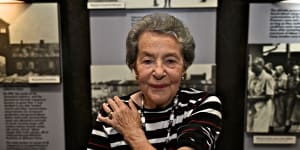 Auschwitz survivor Lotte Weiss shows her tattoo number in 2015,aged 91.