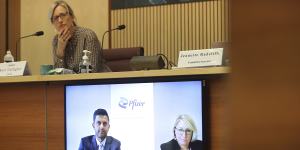 Pfizer Australia and NZ medical director of developed Asia Dr Krishan Thiru and market access director Louise Graham appear via videoconference as Senator Katy Gallagher listens,during a Senate hearing on COVID-19 on Thursday.