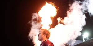 Manly’s Jake Trbojevic runs on to the turf at 4 Pines Park in the side’s controversial rainbow strip.