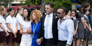 The family of Veronique Sakr,follow her hearse after the funeral at Santa Sabina College Chapel in Strathfield,Sydney. (L-R) are her aunt,Leila Abdallah,mother Bridget Sakr,her partner Craig MacKenzie,and uncle Danny Abdallah. Veronique along with three of her cousins was killed by a drunk driver. 