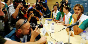 Ian Thorpe (right) at a press conference ahead of the Athens Olympics with teammates Matt Welsh and Leisel Jones