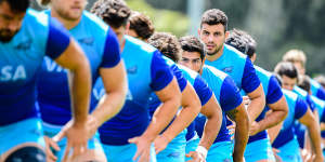 Eyes on the prize:the Pumas on the training paddock in Sydney. 