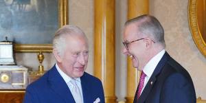 The King greets Australian Prime Minister Anthony Albanese at Buckingham Palace.