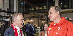 John Longmire shares a laugh with Prime Minister Anthony Albanese on Thursday.