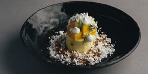 Mango mousse with coconut,passionfruit and white chocolate.