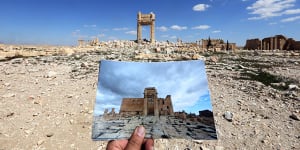 Palmyra’s Temple of Bel in March 2014,and the same view two years later.